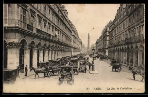 AK Paris, La Rue de Castiglione avec voitures à cheval et colonne Vendôme au fond