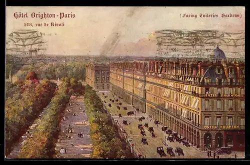 AK Paris, Hôtel Brighton et la rue de Rivoli avec vue sur les jardins des Tuileries