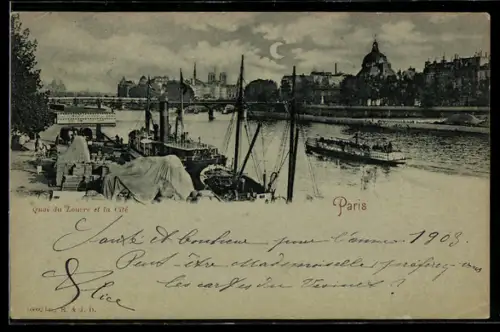 Mondschein-AK Paris, Quai du Louvre et Île de la Cité avec bateaux sur la Seine