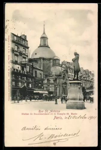 AK Paris, Rue St. Antoine, Statue de Beaumarchais et le Temple St. Marie