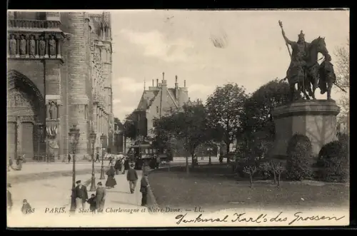 AK Paris, Statue de Charlemagne et Notre-Dame