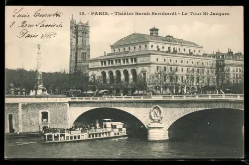 AK Paris, Théâtre Sarah Bernhardt et la Tour St-Jacques