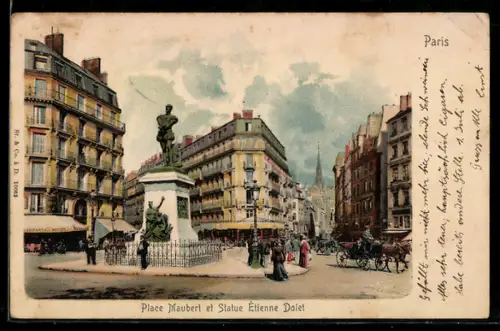 AK Paris, Place Maubert et Statue Étienne Dolet