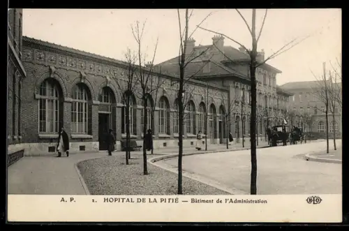 AK Paris, Hôpital de la Pitié, Bâtiment de l`Administration avec avenue et passants