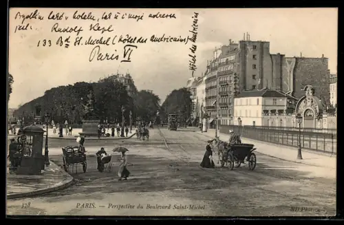 AK Paris, Perspective du Boulevard Saint-Michel avec attelage et piétons