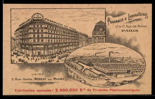 Lithographie Paris, Pharmacie de Rome et usine à Nogent-sur-Marne