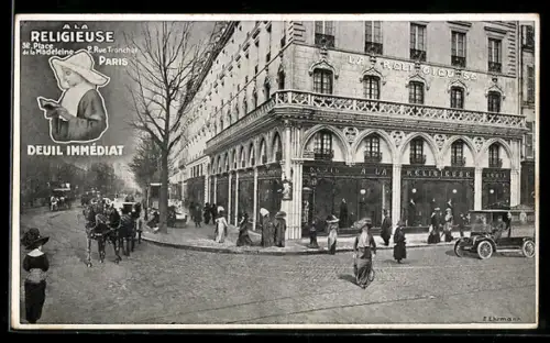 AK Paris, Coin de la rue Tronchet et Place de la Madeleine, animation urbaine et voitures d`époque