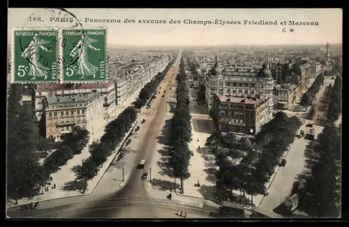 AK Paris, Panorama des avenues des Champs-Élysées Friedland et Marceau