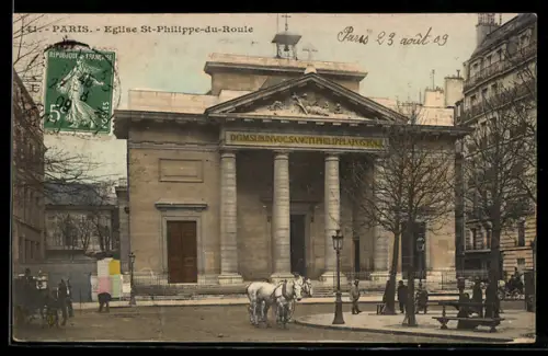 AK Paris, Église St-Philippe-du-Roule et calèche devant la facade