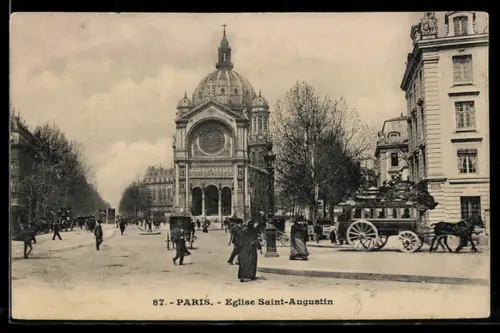 AK Paris, Église Saint-Augustin et animation de rue avec calèche