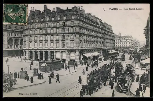 AK Paris, Rue Saint-Lazare animée avec voitures à chevaux et passants