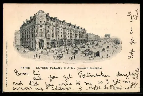 AK Paris, Élysée-Palace-Hôtel sur les Champs-Élysées avec calèches et passants animés