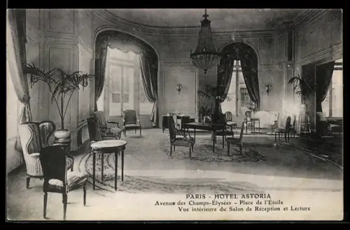 AK Paris, Vue intérieure du Salon de Réception et Lecture de l`Hôtel Astoria