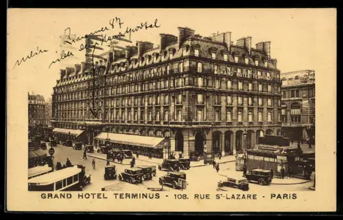 AK Paris, Grand Hôtel Terminus et rue Saint-Lazare animée