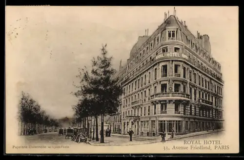 AK Paris, Royal Hôtel sur l`Avenue Friedland avec voitures et passants