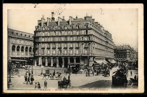 AK Paris, Hôtel Terminus, Gare Saint-Lazare avec animation urbaine et calèches