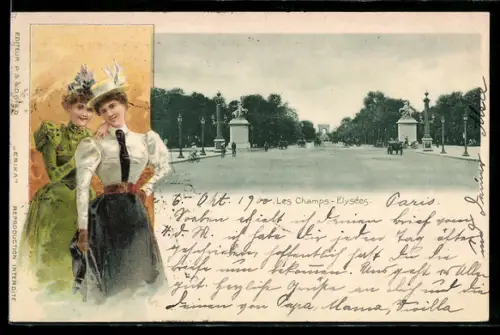 AK Paris, Les Champs-Élysées avec élégantes dames en promenade