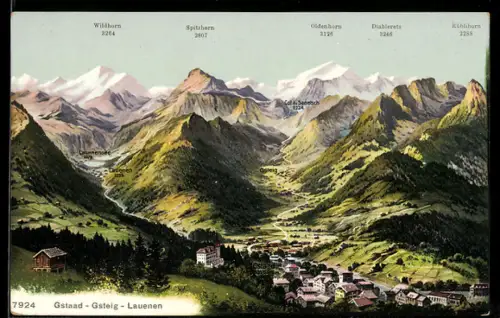 AK Gstaad-Lauenen, Teilansicht mit Gsteig, Spitzhorn, Odenhorn und Wildhorn