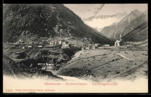 AK Göschenen, Ortsansicht mit Gotthardbahn und Dammagletscher
