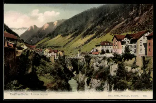 AK Göschenen, Teilansicht mit Gotthardbahn