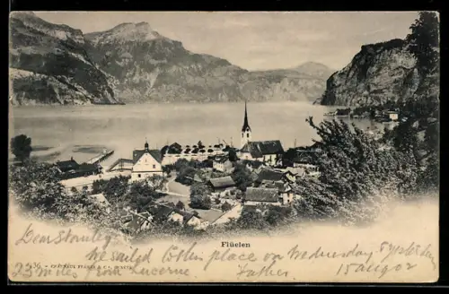 AK Flüelen, Blick auf die Ortschaft und auf den See