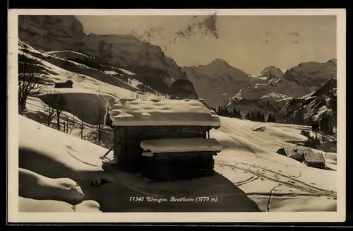AK Wengen, Ortspartie mit Breithorn im Schnee