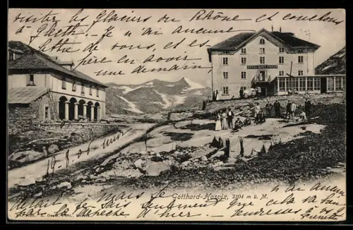 AK Gotthard-Hospiz, Ortspartie mit Hotel Mont Prosa