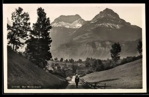 AK Morschach, Wegpartie mit Ortsteilansicht und Bergblick