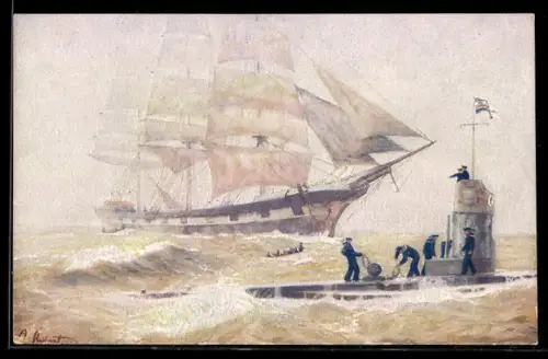 Künstler-AK A. Hubert: Deutsches U-Boot versenkt feindliches Dreimast-Vollschiff