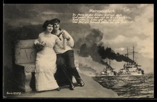 AK Deutsche Kriegsschiffe in Linie fahrend, Matrose mit seiner Liebsten