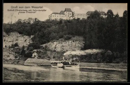 AK Salondampfer Kaiser Friedrich auf der Weser vor dem Schloss Fürstenberg