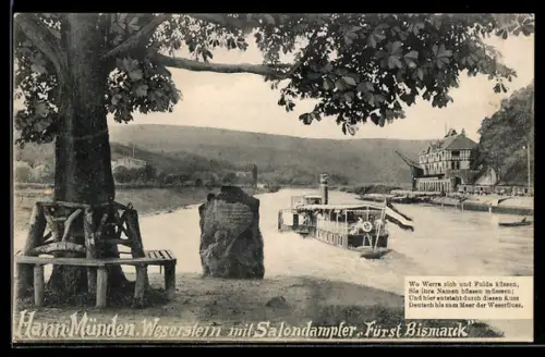 AK Hann. Münden, Weserstein und Salondampfer Fürst Bismarck