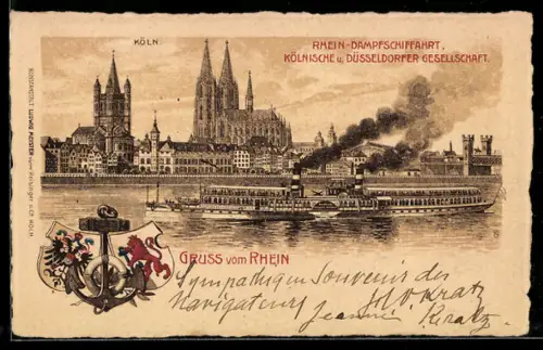 Lithographie Köln, Raddampfer Kaiserin Augusta Victoria vor dem Dom, Wappen mit Anker