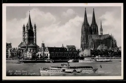 AK Köln, Dampfer Lohengrin passiert Dom und Stapelhaus, Rhein