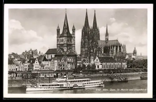 AK Köln, Raddampfer Schiller am Rheinufer vor dem Dom
