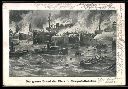 AK Newyork-Hoboken, NY, Der grosse Brand des Piers, deutsche Dampfer Saale und Main in Flammen