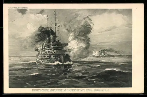 AK Deutscher Kreuzer im Gefecht mit englischen Kreuzern, Kriegsschiff