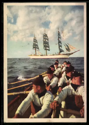 AK Matrosen im Ruderboot halten auf ein Segelschiff zu