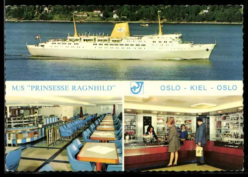 AK Passagierschiff M.S. Prinsesse Raghild, der Linie Oslo-Kiel, Innenansichten