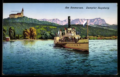 AK Dampfer Augsburg auf dem Ammersee mit Blick auf das Kloster Andechs