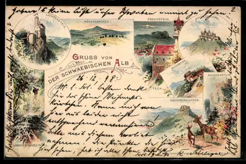 Lithographie Lichtenstein /Württ., Schloss Lichtenstein, Burg Reussenstein, Burg Hohenzollern