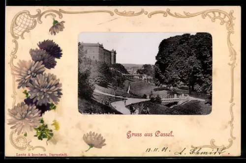 Lithographie Cassel, Blick zum Schloss, Crysanthemen, Passepartout