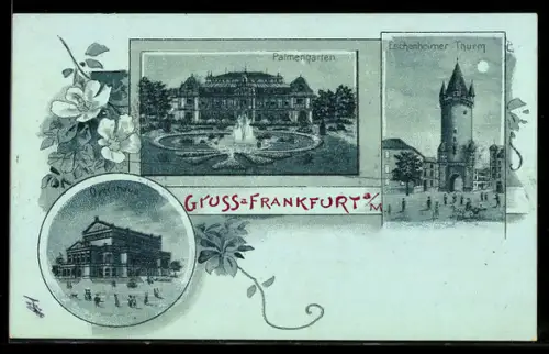 Mondschein-Lithographie Frankfurt a. M., Palmengarten, Opernhaus, Eschenheimer Turm