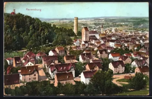 AK Ravensburg, Stadtansicht mit Turm und Altstadt