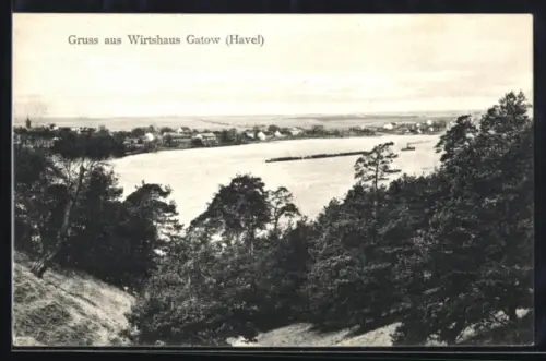 AK Gatow /Havel, Gasthaus Gatow, Flusslandschaft mit Ortspanorama