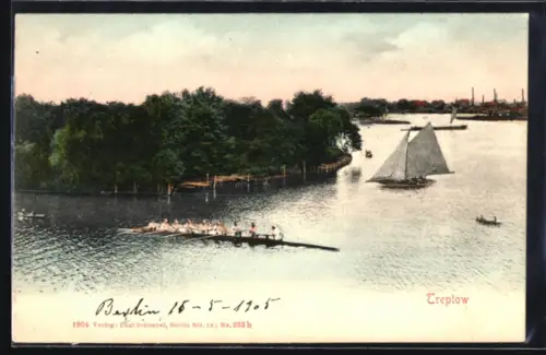 AK Treptow, Sportruderboot und Segelboote auf der Spree