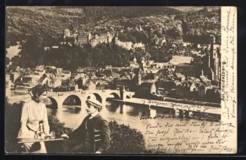 AK Heidelberg, Ortsansicht mit Studentenpaar