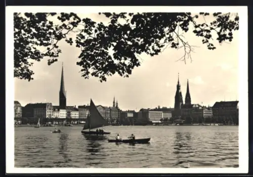 AK Hamburg, Binnenalster, Segelboote, Stadtpanorama