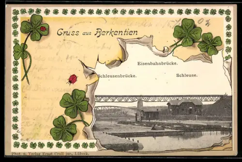 Lithographie Berkenthin, Schleusenbrücke, Eisenbahnbrücke und Schleuse, Kleeblätter mit Marienkäfern, Passepartout