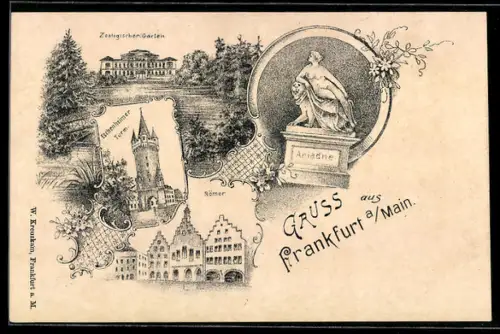 Lithographie Frankfurt a. Main, Zoologischer Garten, Römer, Eschenheimer Turm